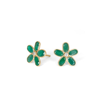 18K Gold Flower Stud Earrings with Emeralds and Diamond Earrings Sarraf Jewelers