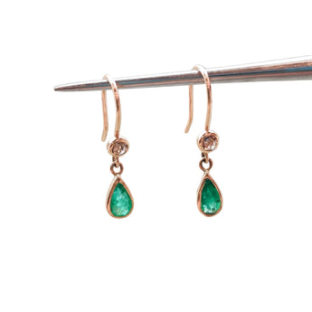 SALE - 9K Gold Bezel Set Teardrop Emerald and Diamond Earrings Hidden RADHA GOLD