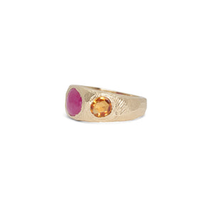 18K Three Stone Ring in Ruby and Orange Sapphire Rings Page Sargisson 