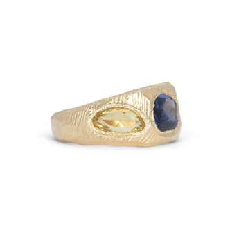18K Three Stone Ring in Dark Blue and Yellow Sapphire Rings Page Sargisson 