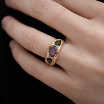 18K Three Stone Ring in Dark Pink and and Green Sapphire Rings Page Sargisson 