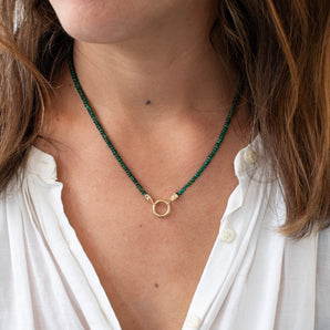 18K Beaded Chain Necklace with Diamond Caps in Dark Green Emerald Necklace Page Sargisson 