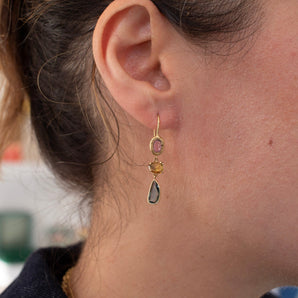 18K Triple Drop Earring in Pink and Green Sapphires Earrings Page Sargisson 