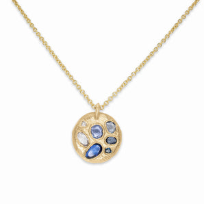 18K Round Mosaic Tablet Necklace in Blue Sapphires Hidden Page Sargisson 