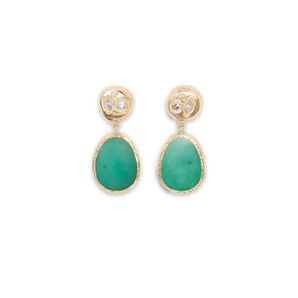 18K Gold Diamond Button and Emerald Drop Cocktail Earrings Earrings Page Sargisson 