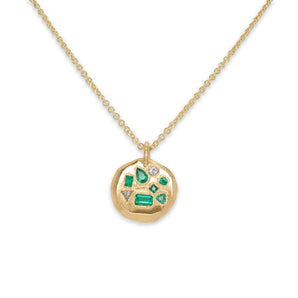 18K Round Mosaic Tablet in Emerald & Diamond Necklace Page Sargisson Pendant with Montelle Cable Chain 