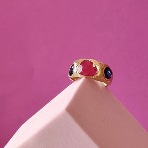 18K Three Stone Ring in Ruby and Blue Sapphire Rings Page Sargisson 