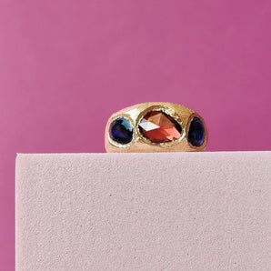 18K Three Stone Ring in Maroon and Dark Blue Sapphire Rings Page Sargisson 