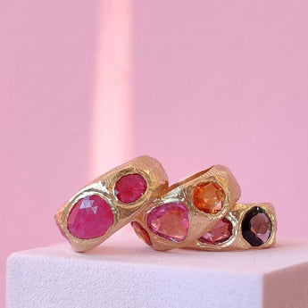 18K Three Stone Ring in Pink and Orange Sapphire Rings Page Sargisson 