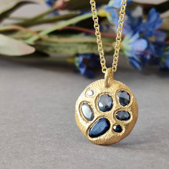 18K Round Mosaic Tablet Necklace in Blue Sapphires Hidden Page Sargisson 