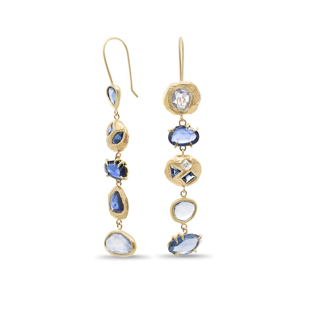 Five sapphire and diamond handmade earrings in 18kt gold. Hand crafted in Brooklyn.