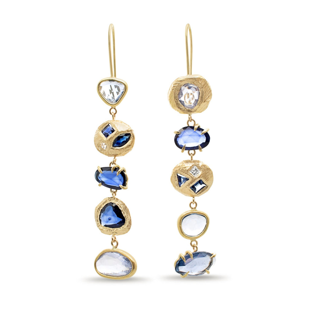 Five sapphire and diamond handmade earrings in 18kt gold. Hand crafted in Brooklyn.