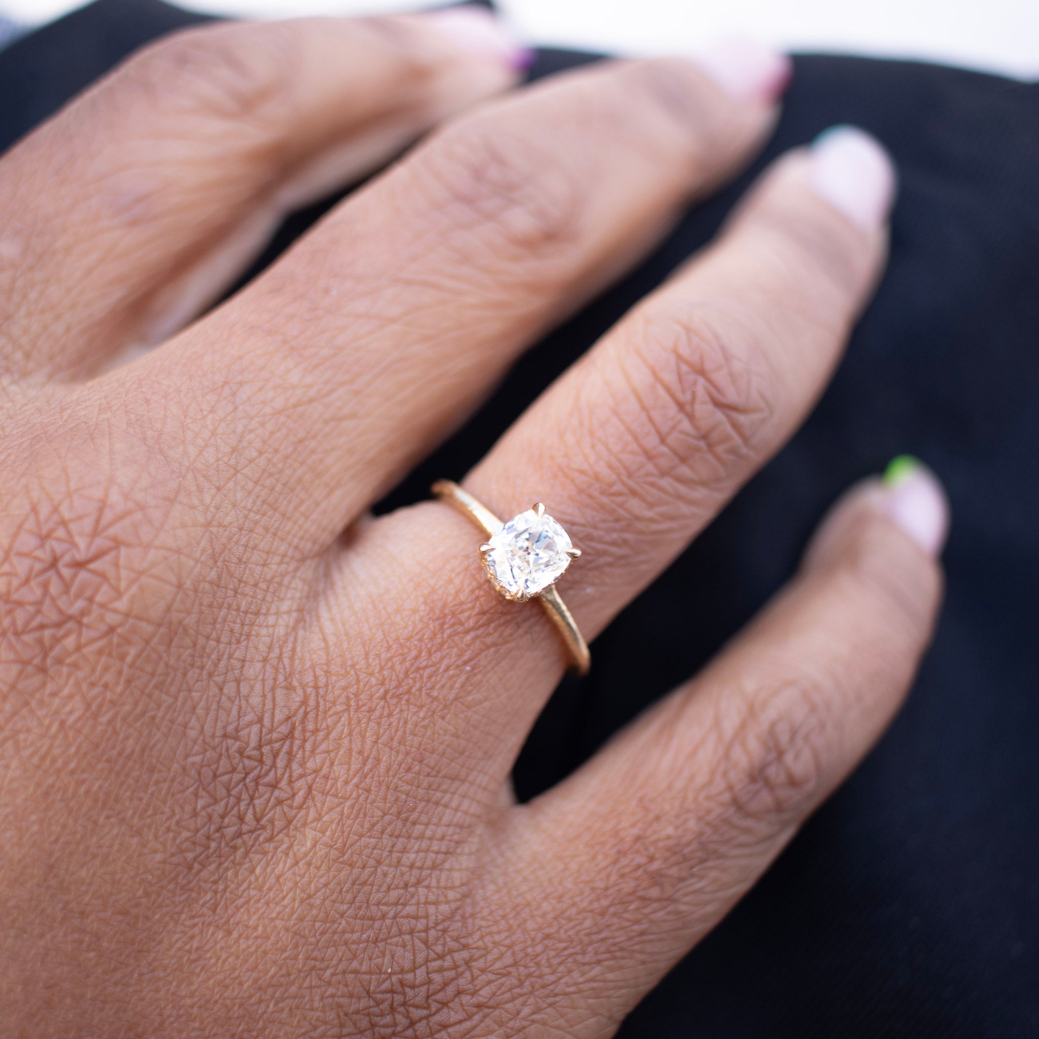 Handmade 18kt gold engagement ring with old mine cut diamond.