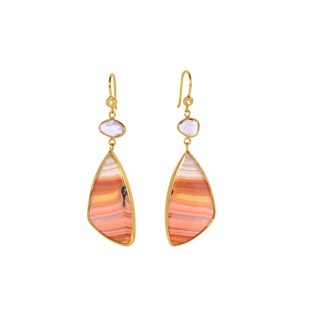 Handmade earrings with diamonds, sapphires, and agate in 18kt gold.