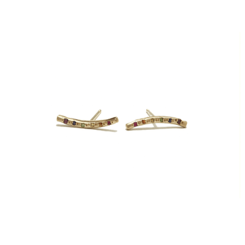 Long Brushed Bar Studs - 10KT or Sterling Silver Earrings Page Sargisson 10KT Gold With Rainbow Sapphires Full Pair