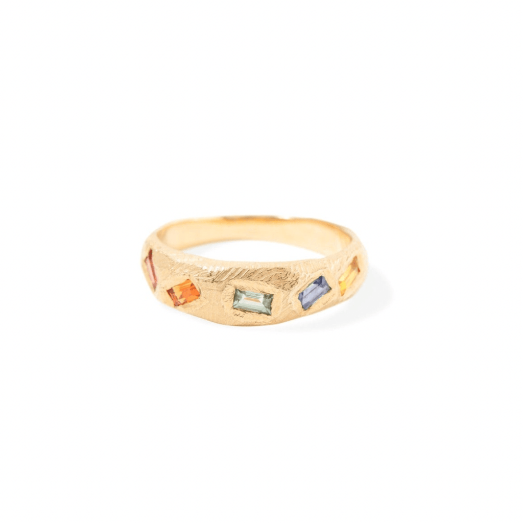 handmade baguette rainbow sapphire ring in 18kt gold.