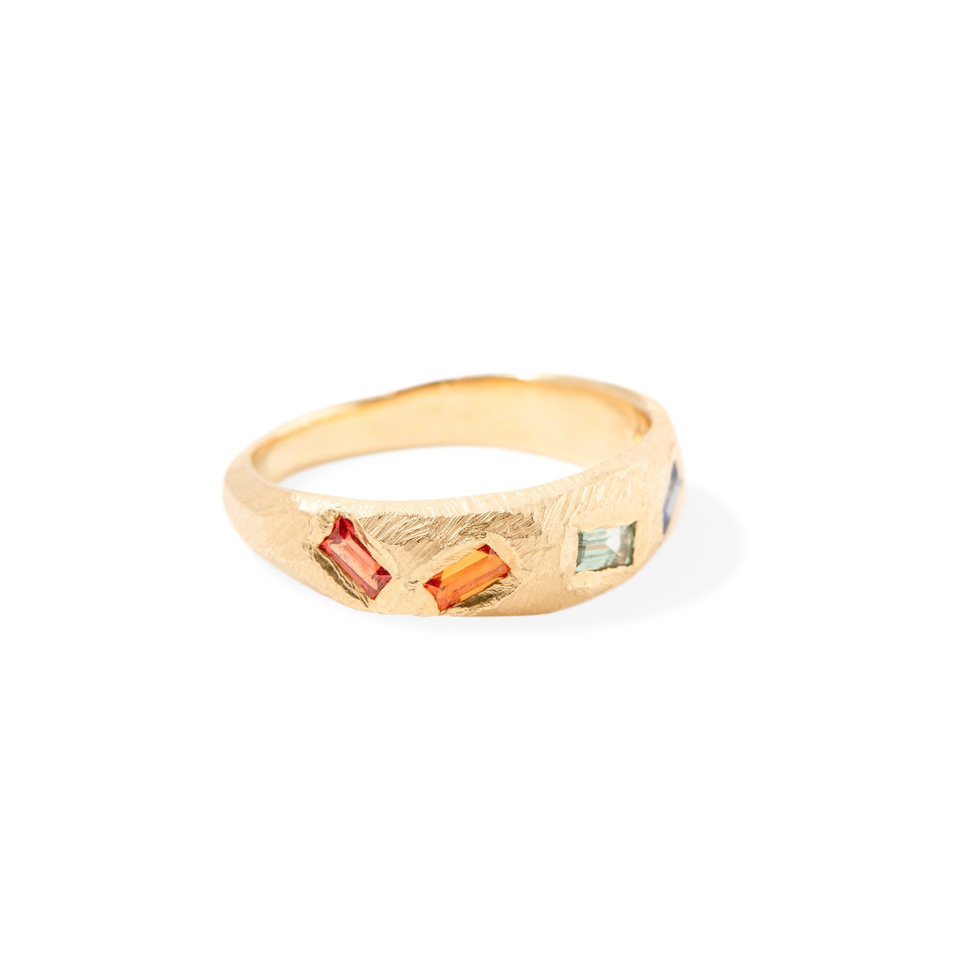 handmade baguette rainbow sapphire ring in 18kt gold.
