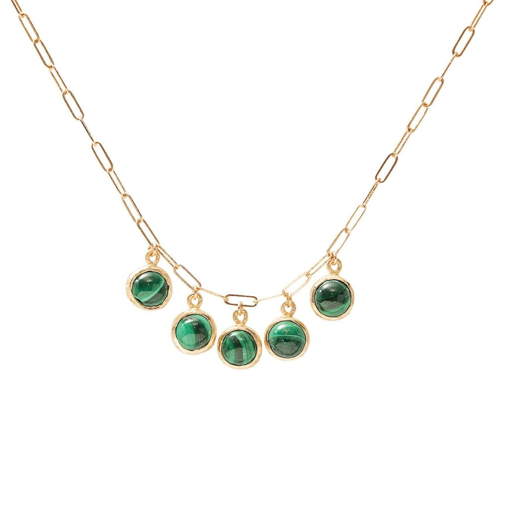 handmade necklace with five malachite drops in 10kt gold