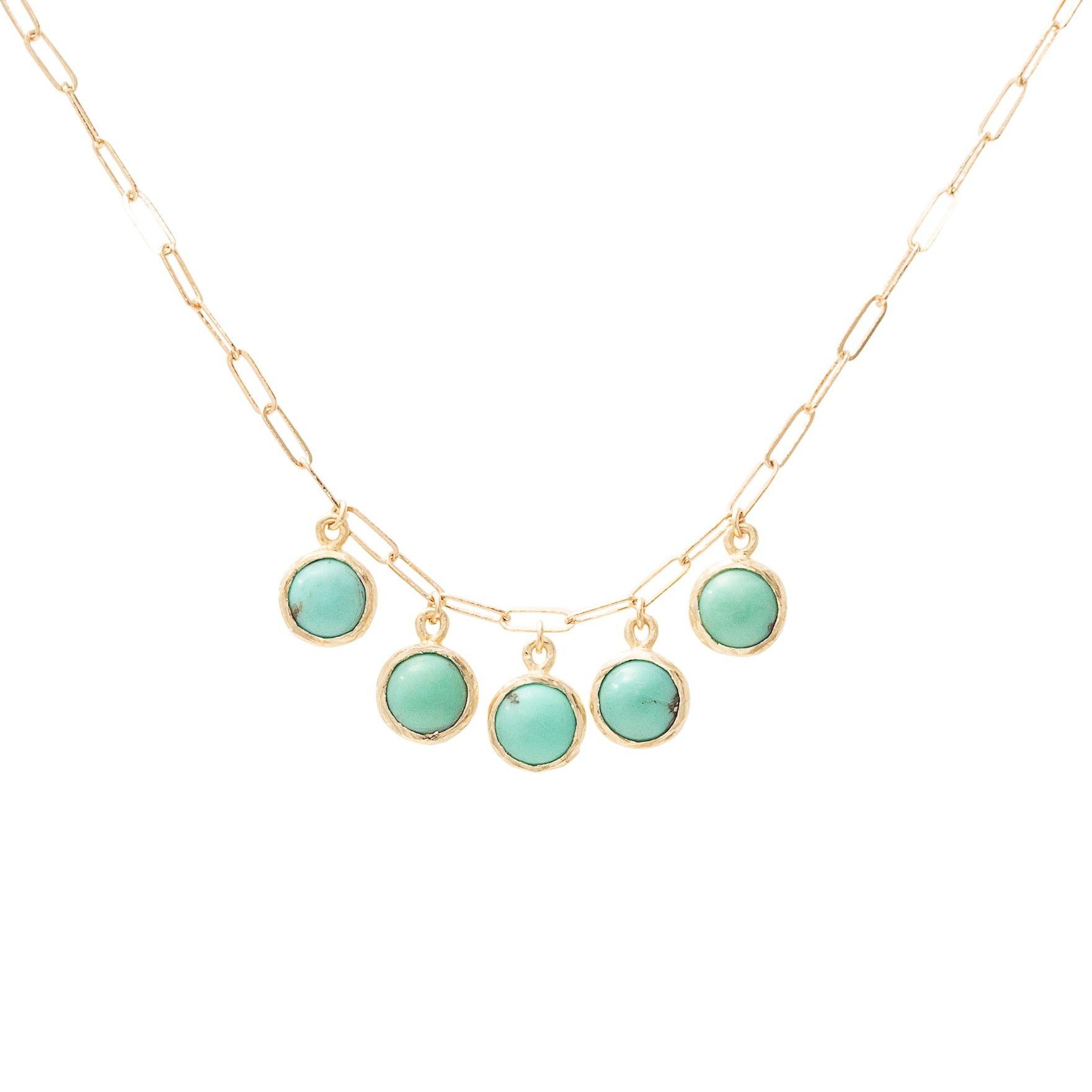 handmade necklace with five turquoise drops in 10kt gold