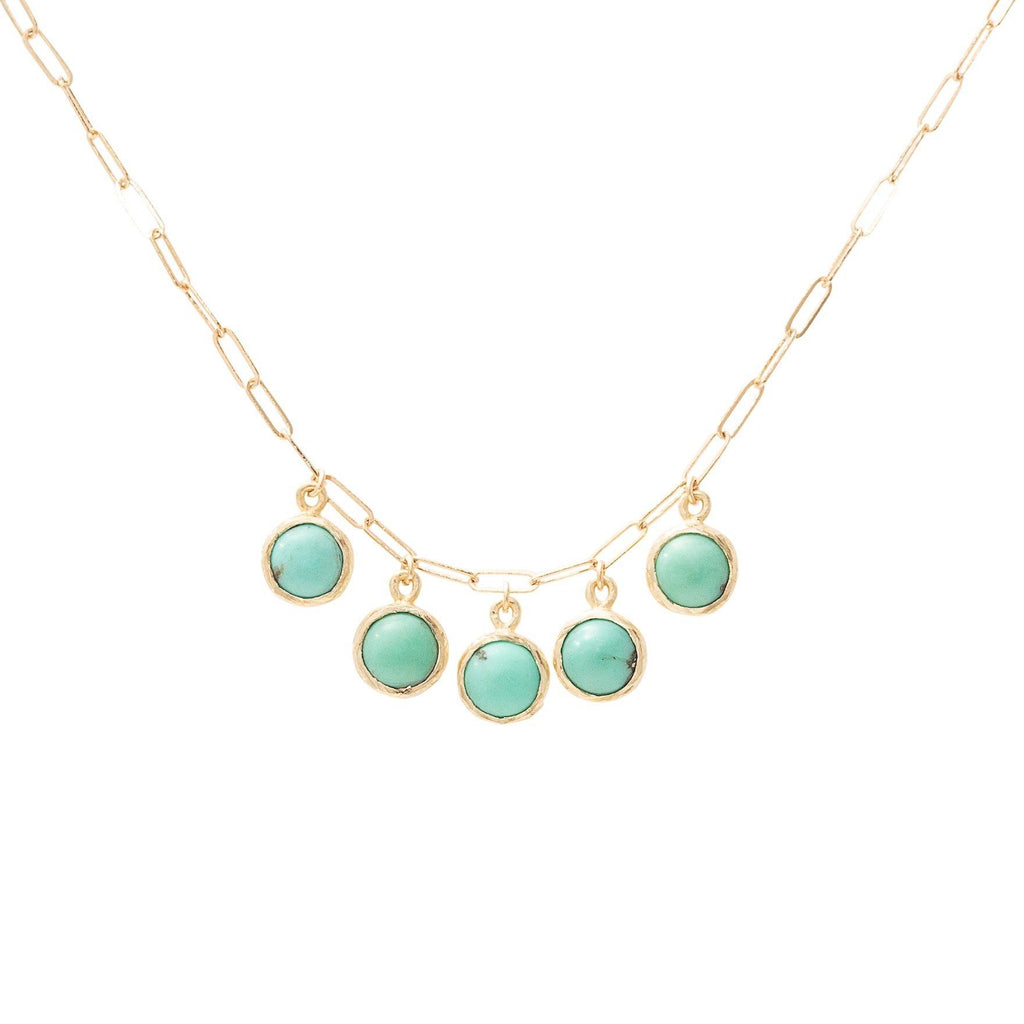 handmade necklace with five turquoise drops in 10kt gold